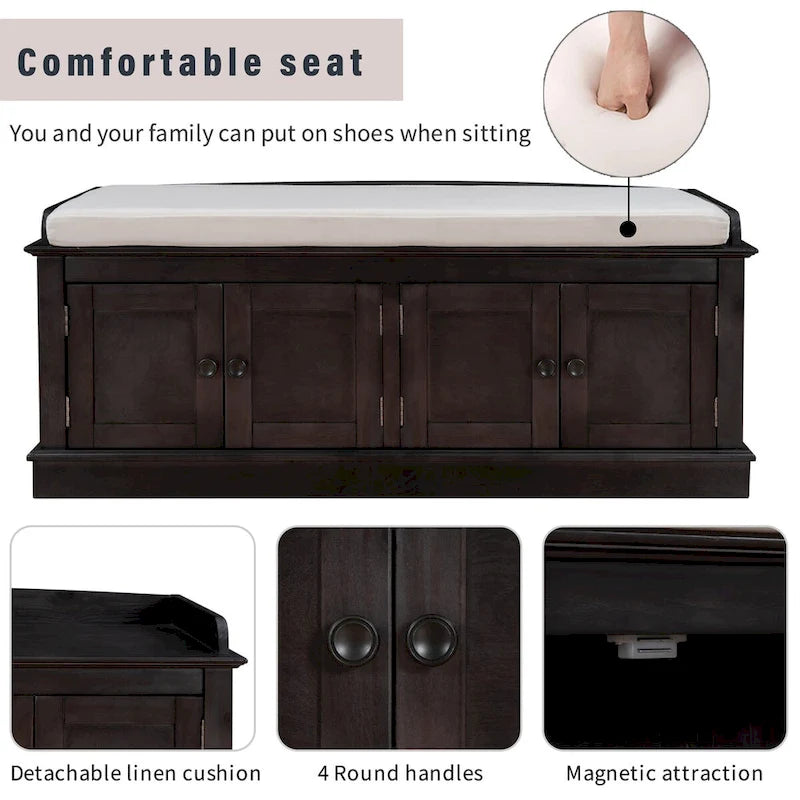 4-door Storage Bench with Adjustable Shelves and Removable Cushion - 42.7L x 15.9W x 17.4H