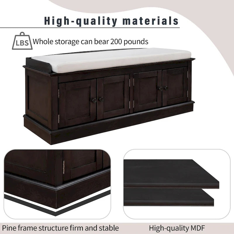 4-door Storage Bench with Adjustable Shelves and Removable Cushion - 42.7L x 15.9W x 17.4H