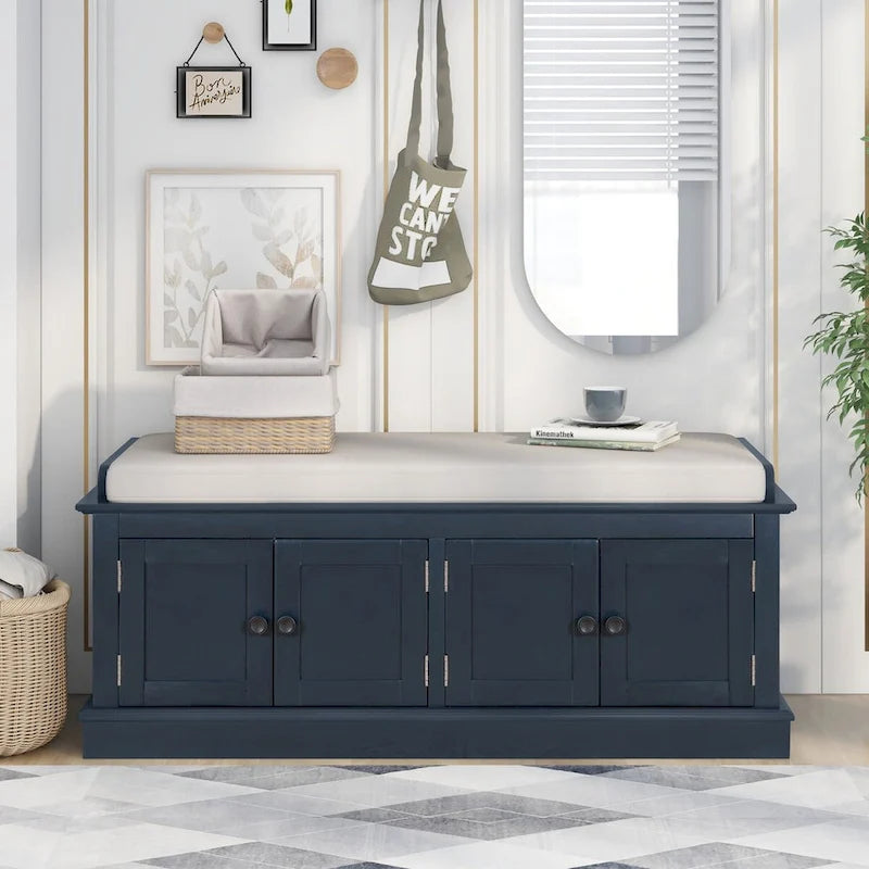 4-door Storage Bench with Adjustable Shelves and Removable Cushion - 42.7L x 15.9W x 17.4H