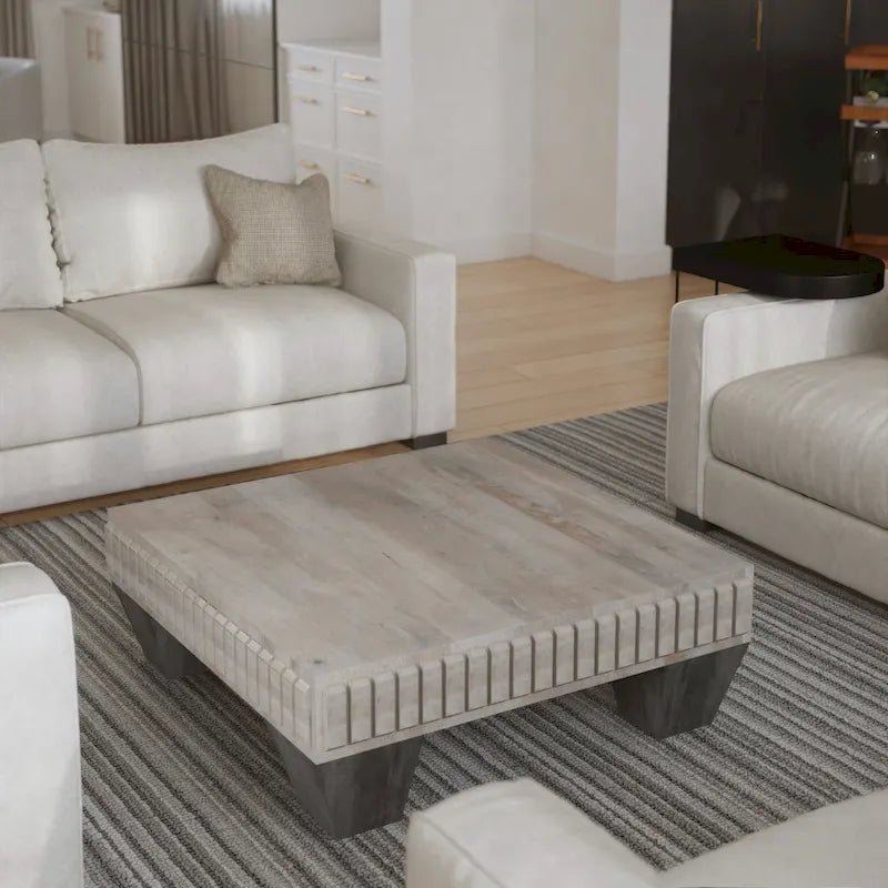 Tokyo Inspired 36 Inch Square Mango Wood Coffee Table - Handcrafted with Elegant Sandblasted Gray Finish And Tapered Legs