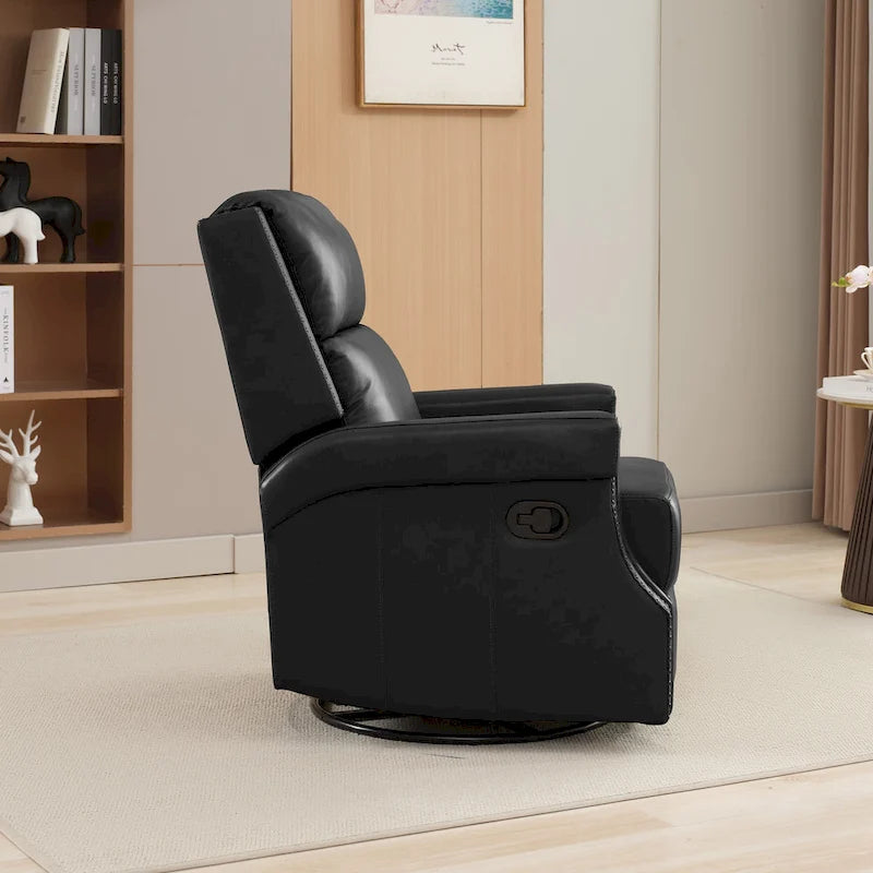 Genuine Leather Manual Rocking Recliner with 360-degree Metal Swivel Base
