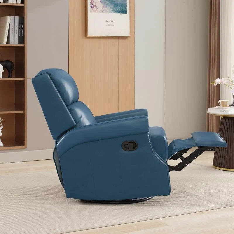 Genuine Leather Manual Rocking Recliner with 360-degree Metal Swivel Base