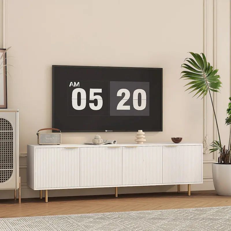 White TV Stand Fluted 68 with Power Outlet,Entertainment Center with Storage Doors,TV Console Media Cabinet,for 55+ Inch TV