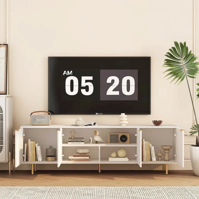 White TV Stand Fluted 68 with Power Outlet,Entertainment Center with Storage Doors,TV Console Media Cabinet,for 55+ Inch TV