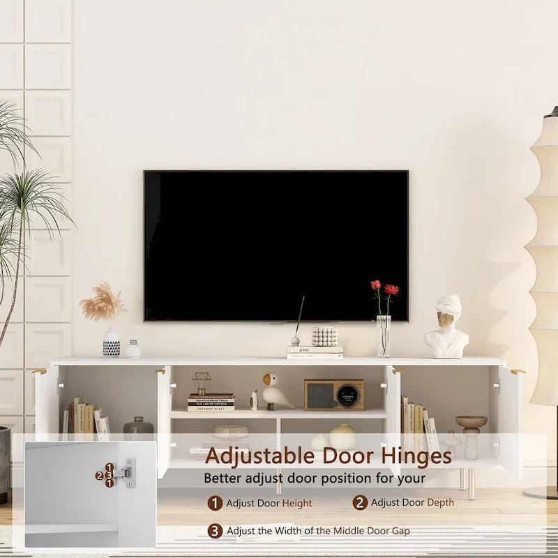 White TV Stand Fluted 68 with Power Outlet,Entertainment Center with Storage Doors,TV Console Media Cabinet,for 55+ Inch TV