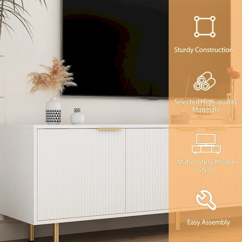 White TV Stand Fluted 68 with Power Outlet,Entertainment Center with Storage Doors,TV Console Media Cabinet,for 55+ Inch TV