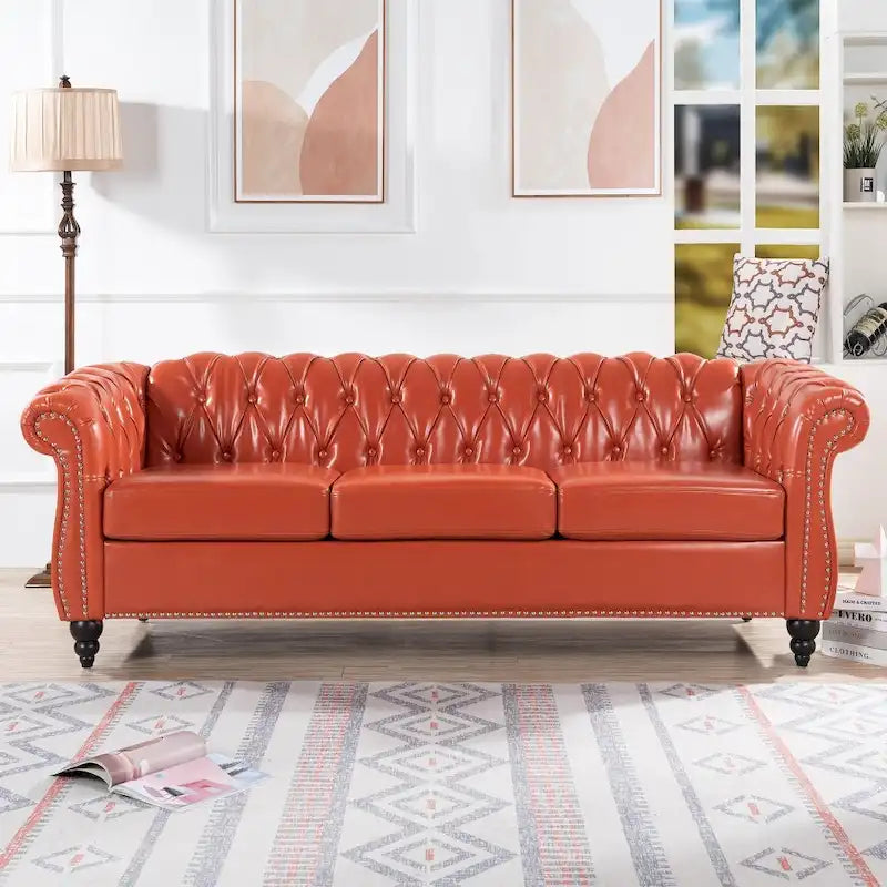 84.65 PU Rolled Arm Chesterfield 3 Seater Sofa