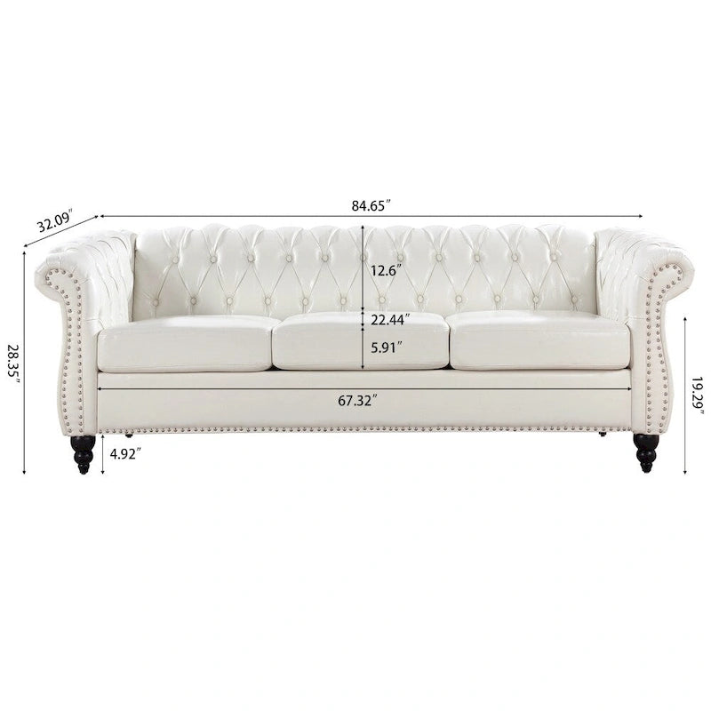 84.65 PU Rolled Arm Chesterfield 3 Seater Sofa