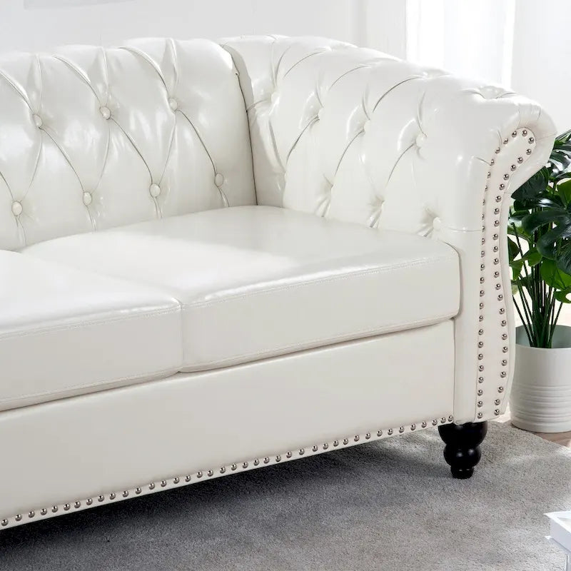 84.65 PU Rolled Arm Chesterfield 3 Seater Sofa