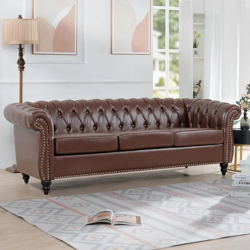 84.65 PU Rolled Arm Chesterfield 3 Seater Sofa