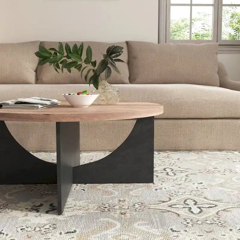 Round Coffee Table Rustic Wood End Table for Living Room