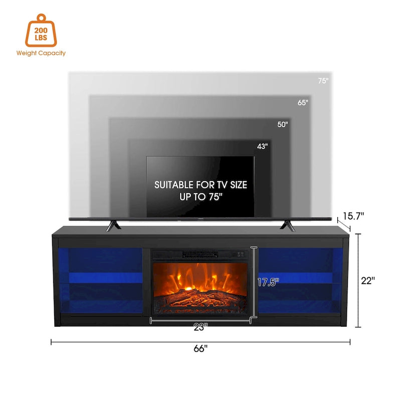 66 Modern Black Electric Fireplace TV Stands Console for 75-inch TV with Remote - 66 in console width