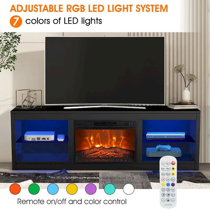 66 Modern Black Electric Fireplace TV Stands Console for 75-inch TV with Remote - 66 in console width