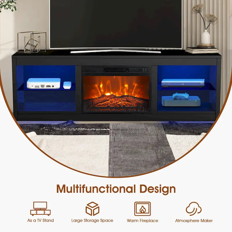66 Modern Black Electric Fireplace TV Stands Console for 75-inch TV with Remote - 66 in console width
