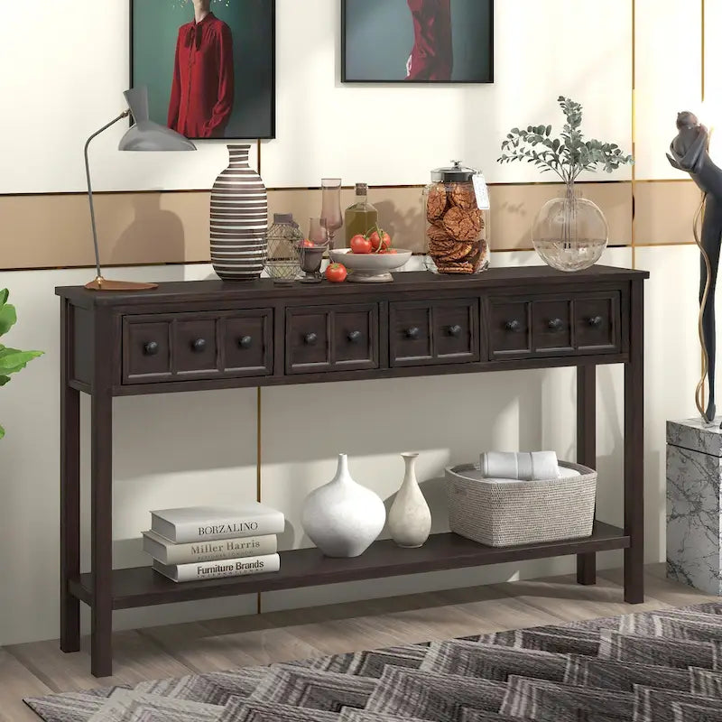 Rustic Entryway Console Table, 60 Long Sofa Table with two Different Size Drawers and Bottom Shelf for Storage