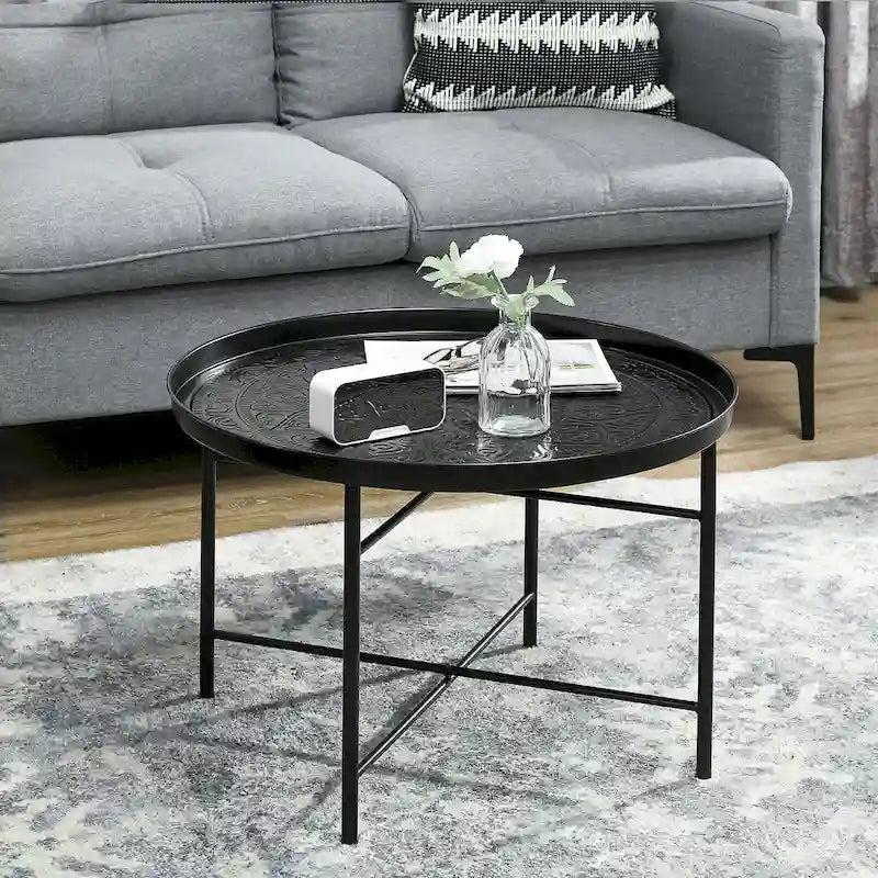 HOMCOM 24 Round Coffee Table with Hammered Tray Top, Vintage Metal Center Table for Living Room, Bedroom, Side Table