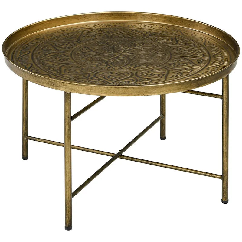 HOMCOM 24 Round Coffee Table with Hammered Tray Top, Vintage Metal Center Table for Living Room, Bedroom, Side Table