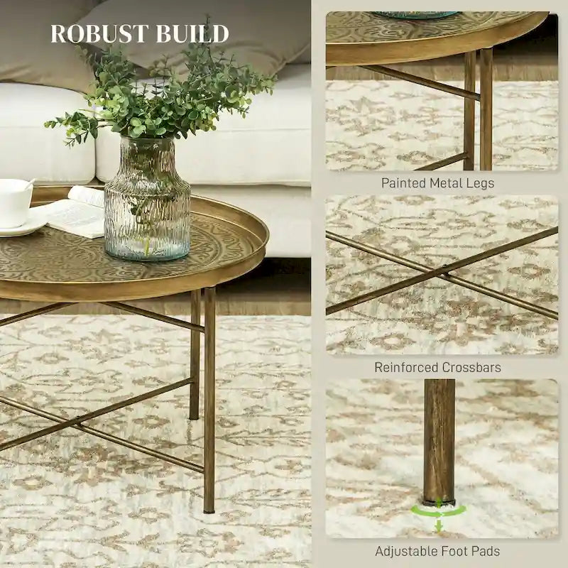 HOMCOM 24 Round Coffee Table with Hammered Tray Top, Vintage Metal Center Table for Living Room, Bedroom, Side Table