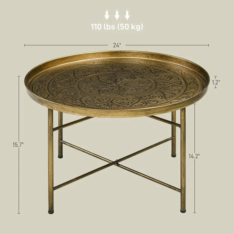 HOMCOM 24 Round Coffee Table with Hammered Tray Top, Vintage Metal Center Table for Living Room, Bedroom, Side Table