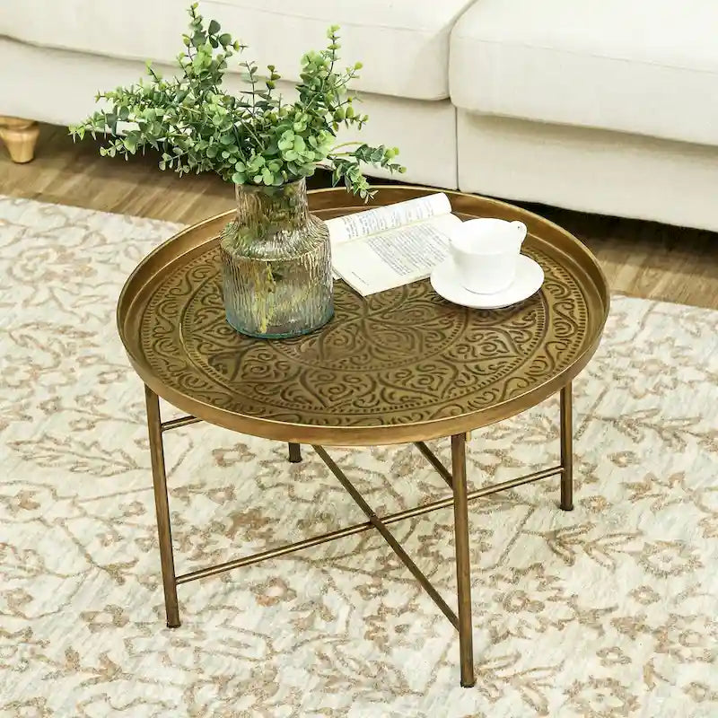 HOMCOM 24 Round Coffee Table with Hammered Tray Top, Vintage Metal Center Table for Living Room, Bedroom, Side Table