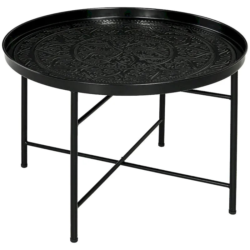 HOMCOM 24 Round Coffee Table with Hammered Tray Top, Vintage Metal Center Table for Living Room, Bedroom, Side Table