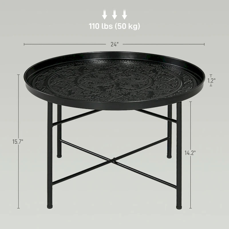 HOMCOM 24 Round Coffee Table with Hammered Tray Top, Vintage Metal Center Table for Living Room, Bedroom, Side Table