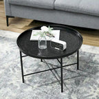 HOMCOM 24 Round Coffee Table with Hammered Tray Top, Vintage Metal Center Table for Living Room, Bedroom, Side Table
