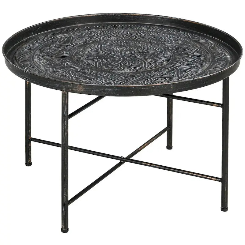 HOMCOM 24 Round Coffee Table with Hammered Tray Top, Vintage Metal Center Table for Living Room, Bedroom, Side Table