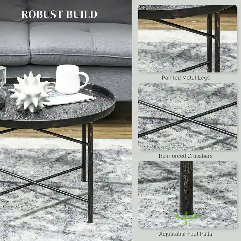 HOMCOM 24 Round Coffee Table with Hammered Tray Top, Vintage Metal Center Table for Living Room, Bedroom, Side Table