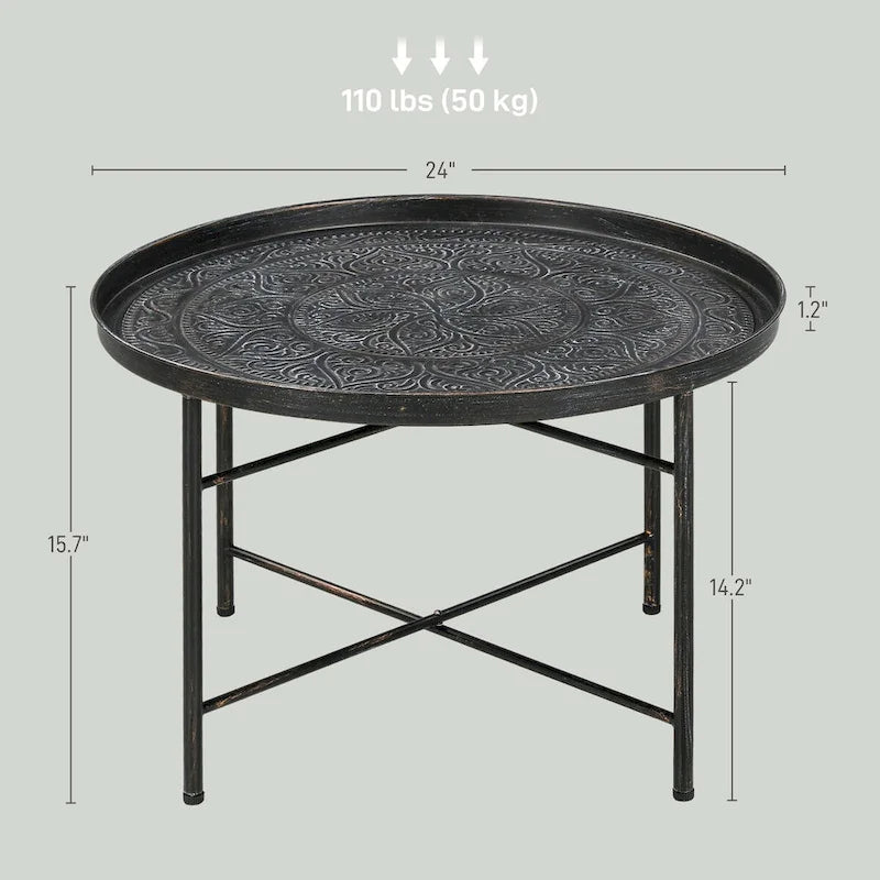 HOMCOM 24 Round Coffee Table with Hammered Tray Top, Vintage Metal Center Table for Living Room, Bedroom, Side Table