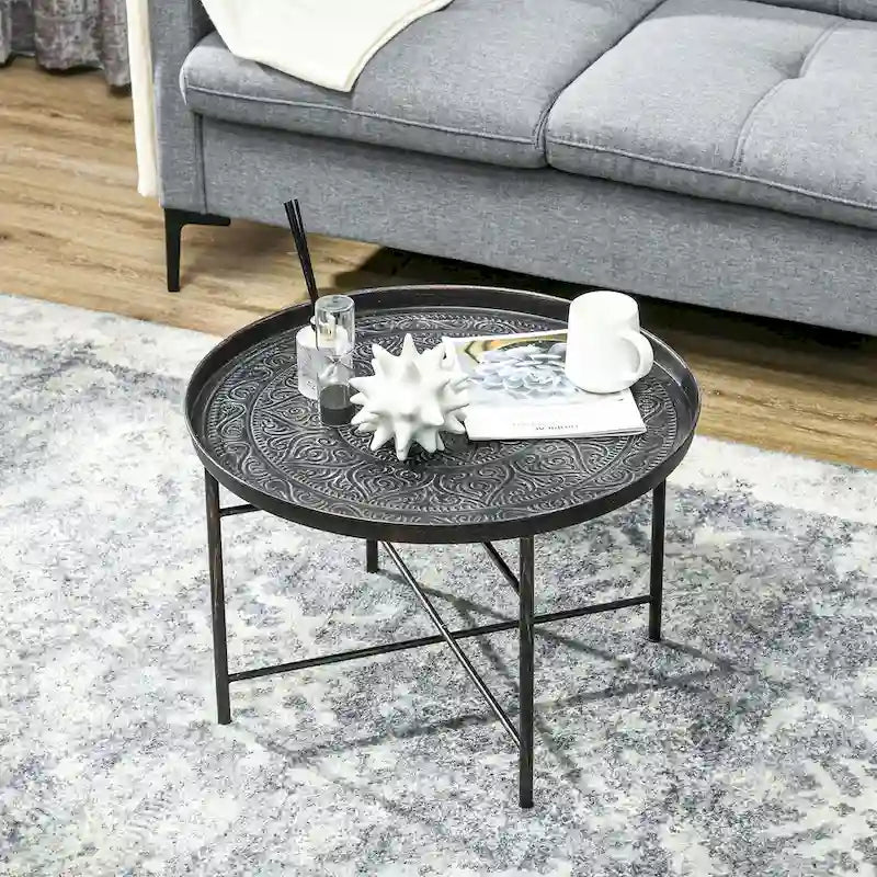 HOMCOM 24 Round Coffee Table with Hammered Tray Top, Vintage Metal Center Table for Living Room, Bedroom, Side Table