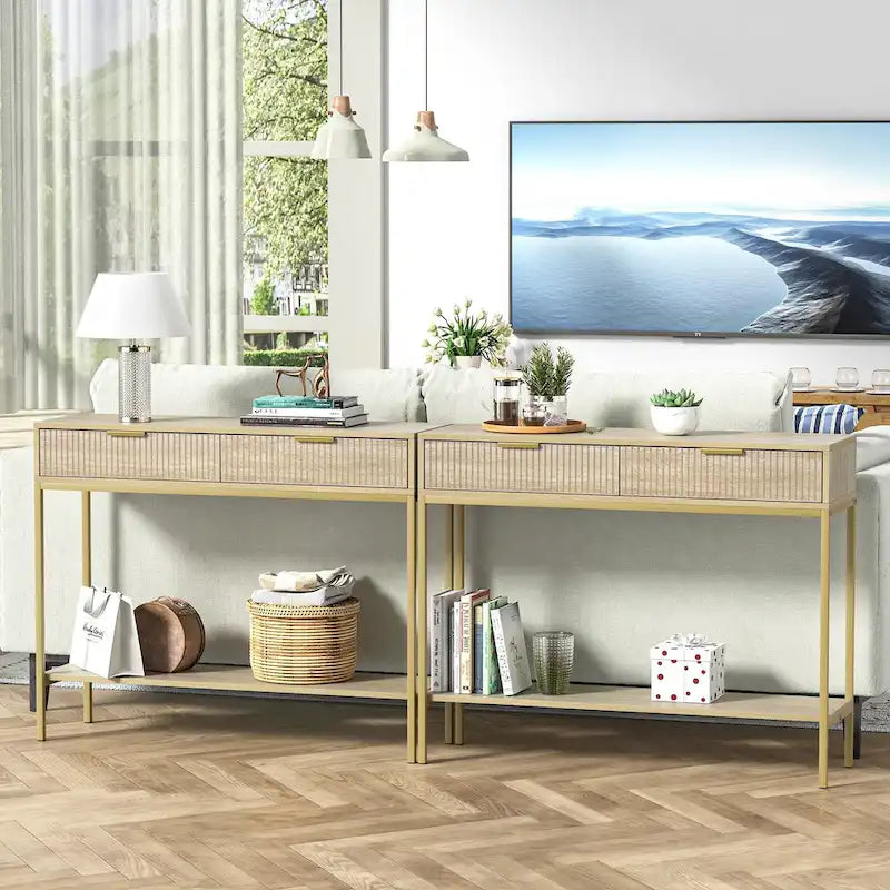Anmytek Modern Console Table Narrow Long Console Entryway Table with 2 Drawers