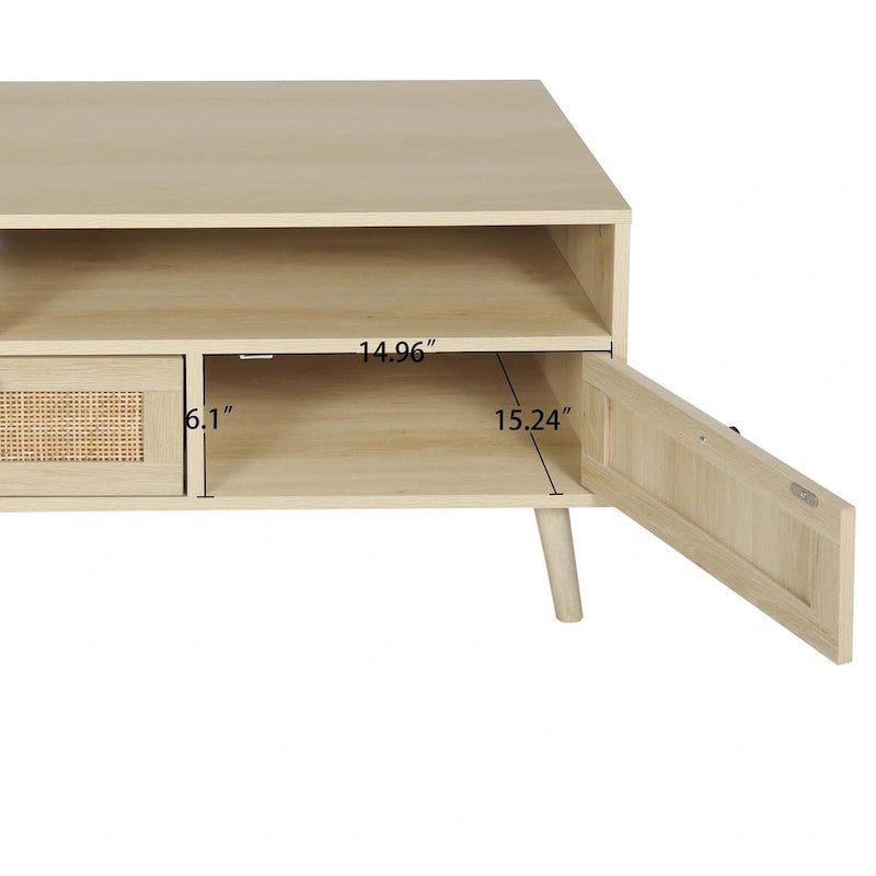 Modern Rattan TV Stand with Solid Wood Feet