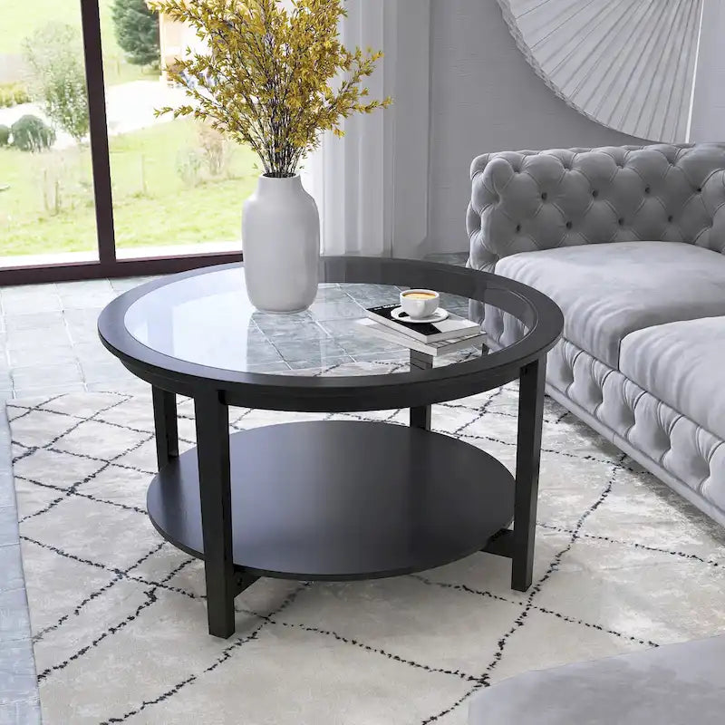 36 in. Modern Black Round Solid Wood Glass Top Storage Coffee Table for Office Living Room - 36 in. W X 36 in. L X 20 in. H