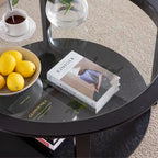 36 in. Modern Black Round Solid Wood Glass Top Storage Coffee Table for Office Living Room - 36 in. W X 36 in. L X 20 in. H
