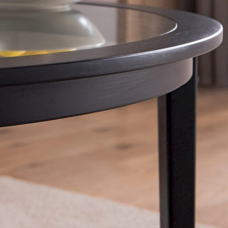 36 in. Modern Black Round Solid Wood Glass Top Storage Coffee Table for Office Living Room - 36 in. W X 36 in. L X 20 in. H