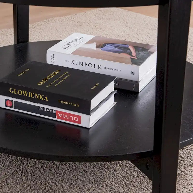36 in. Modern Black Round Solid Wood Glass Top Storage Coffee Table for Office Living Room - 36 in. W X 36 in. L X 20 in. H