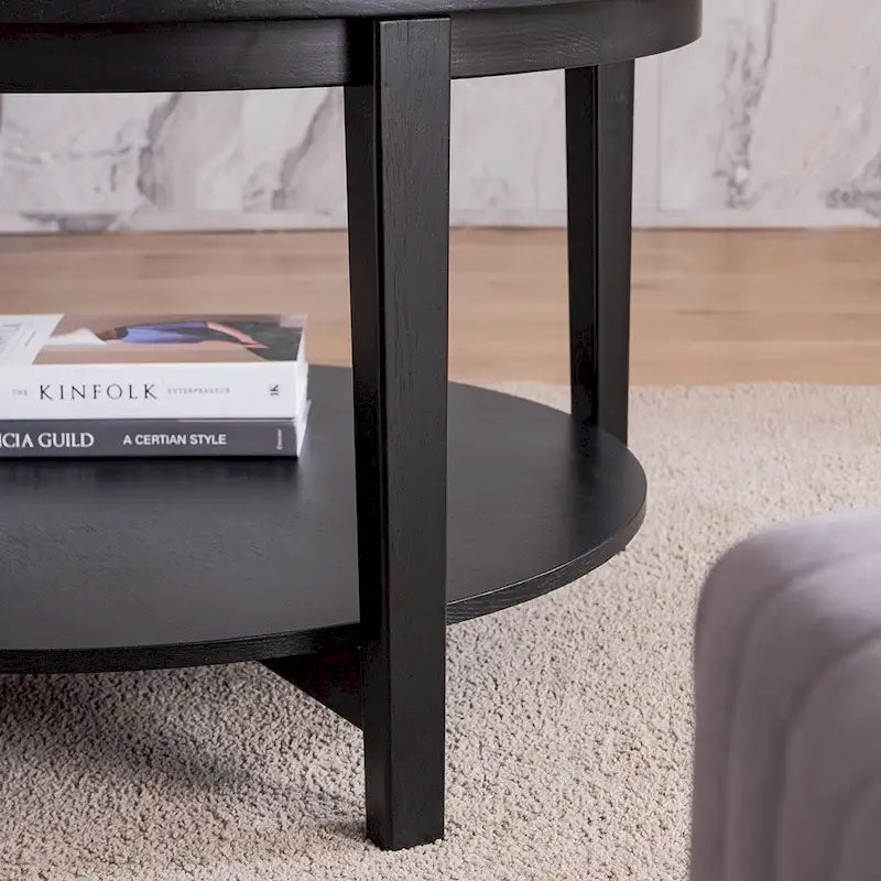 36 in. Modern Black Round Solid Wood Glass Top Storage Coffee Table for Office Living Room - 36 in. W X 36 in. L X 20 in. H