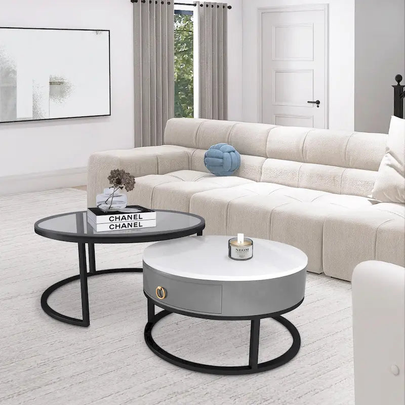 Modern Glass Waterproof Round Nesting Coffee Table with Drawer