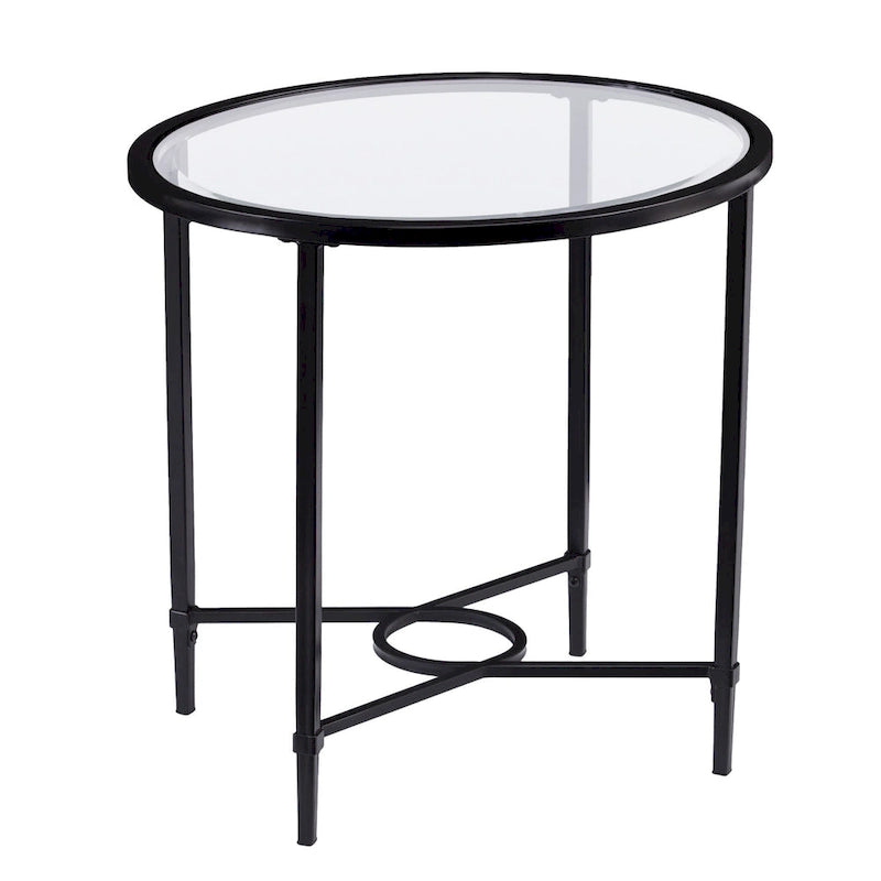 Black Metal Oval End Table - Clear Glass Top 25"
