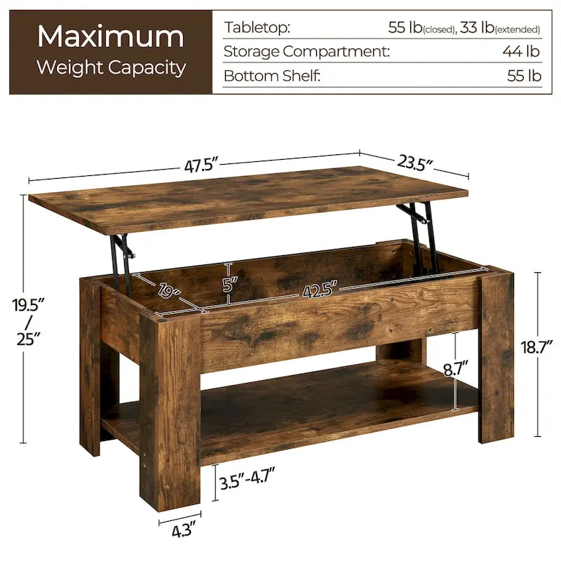 Yaheetech 47.5 Lift Top Coffee Table, Hidden Compartment/ Open Shelf