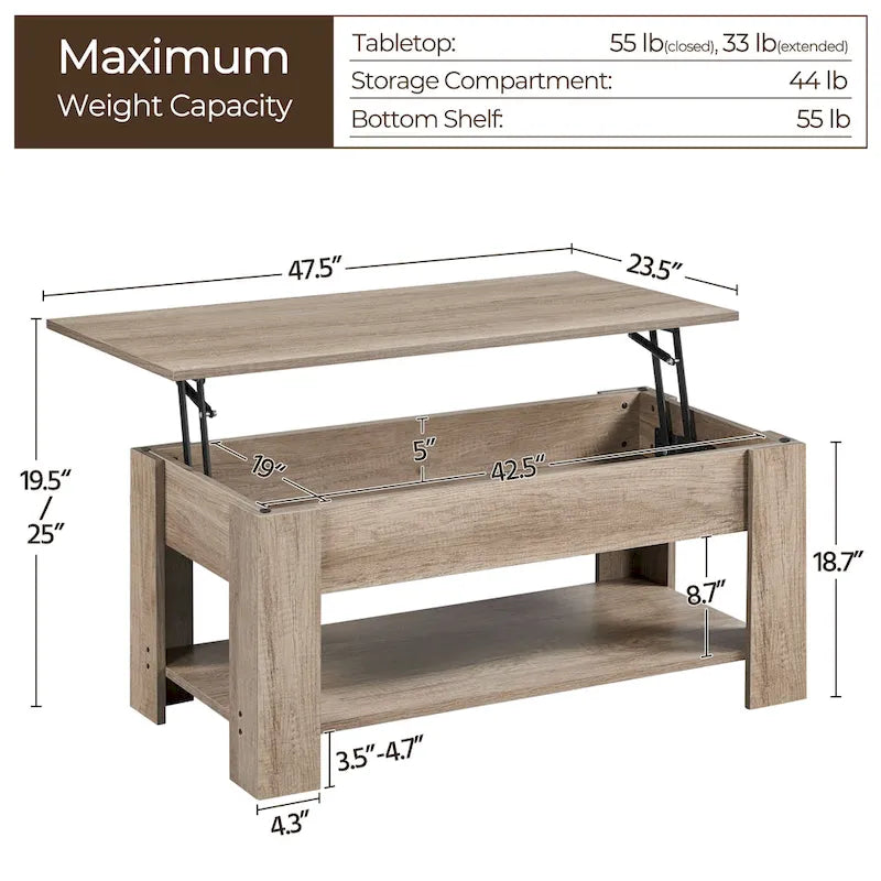 Yaheetech 47.5 Lift Top Coffee Table, Hidden Compartment/ Open Shelf