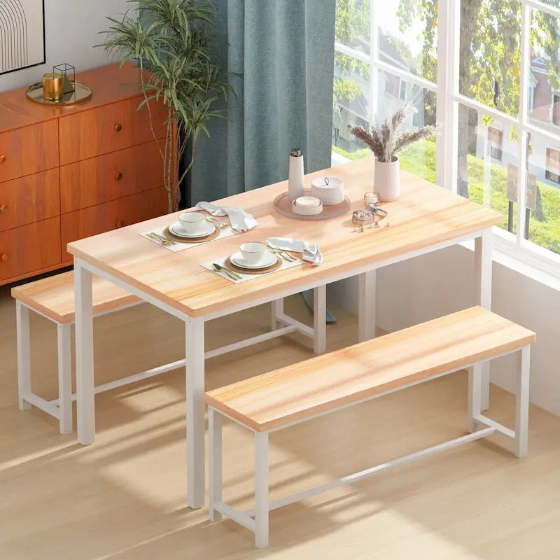 Mieres Vintage Industrial Style 3 Piece Dining Table with 2 Benches Set, Space Saving Kitchen Dining Room Bar Table Set