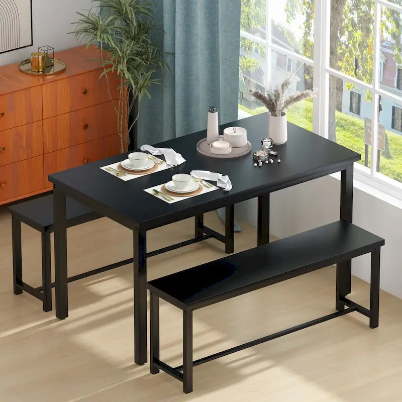 Mieres Vintage Industrial Style 3 Piece Dining Table with 2 Benches Set, Space Saving Kitchen Dining Room Bar Table Set