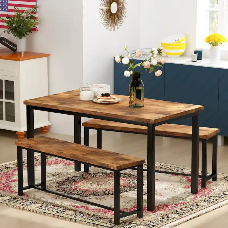 Mieres Vintage Industrial Style 3 Piece Dining Table with 2 Benches Set, Space Saving Kitchen Dining Room Bar Table Set