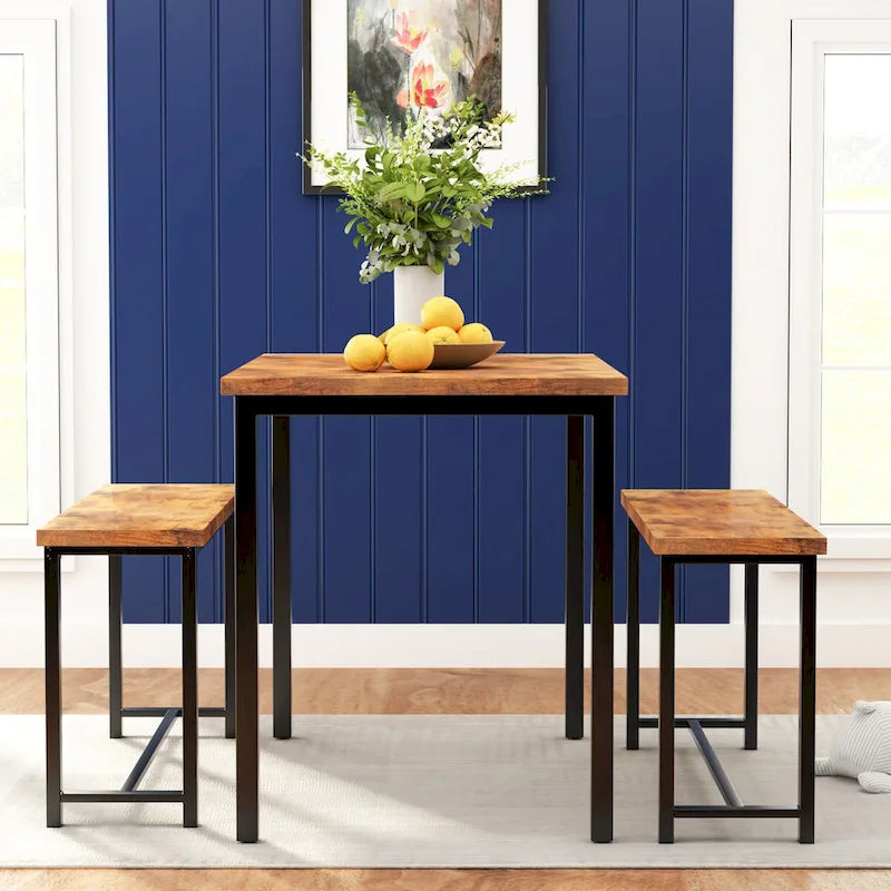 Mieres Vintage Industrial Style 3 Piece Dining Table with 2 Benches Set, Space Saving Kitchen Dining Room Bar Table Set