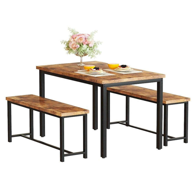 Mieres Vintage Industrial Style 3 Piece Dining Table with 2 Benches Set, Space Saving Kitchen Dining Room Bar Table Set