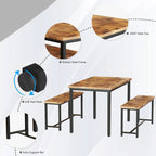 Mieres Vintage Industrial Style 3 Piece Dining Table with 2 Benches Set, Space Saving Kitchen Dining Room Bar Table Set