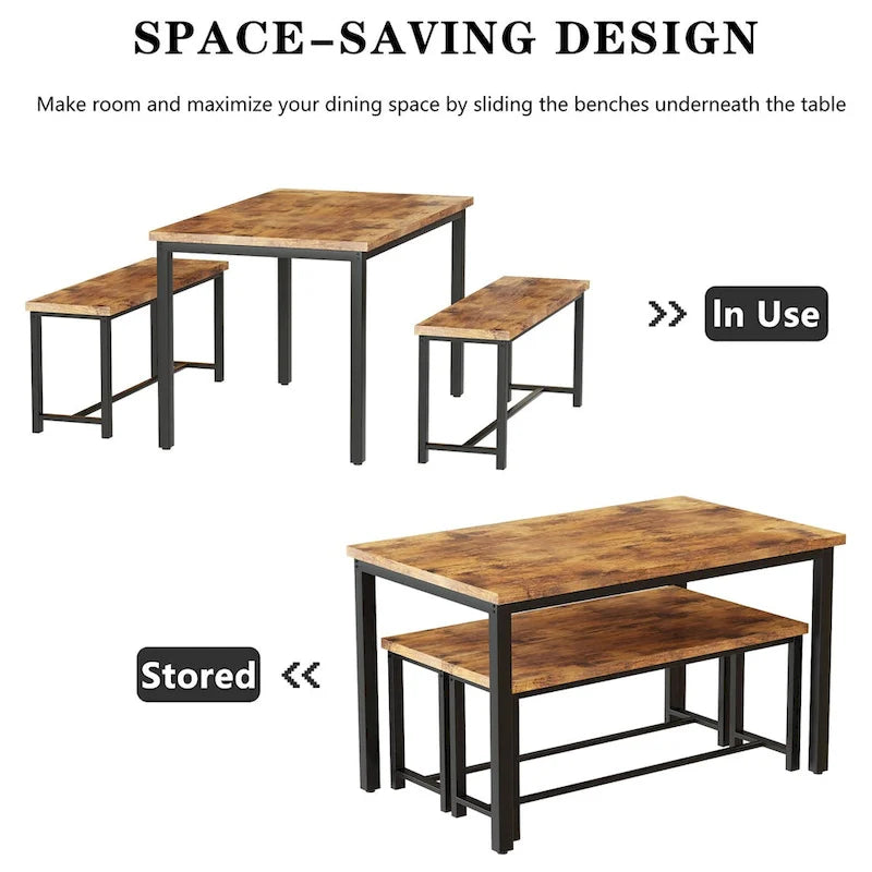 Mieres Vintage Industrial Style 3 Piece Dining Table with 2 Benches Set, Space Saving Kitchen Dining Room Bar Table Set