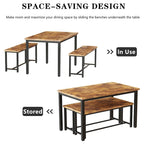 Mieres Vintage Industrial Style 3 Piece Dining Table with 2 Benches Set, Space Saving Kitchen Dining Room Bar Table Set